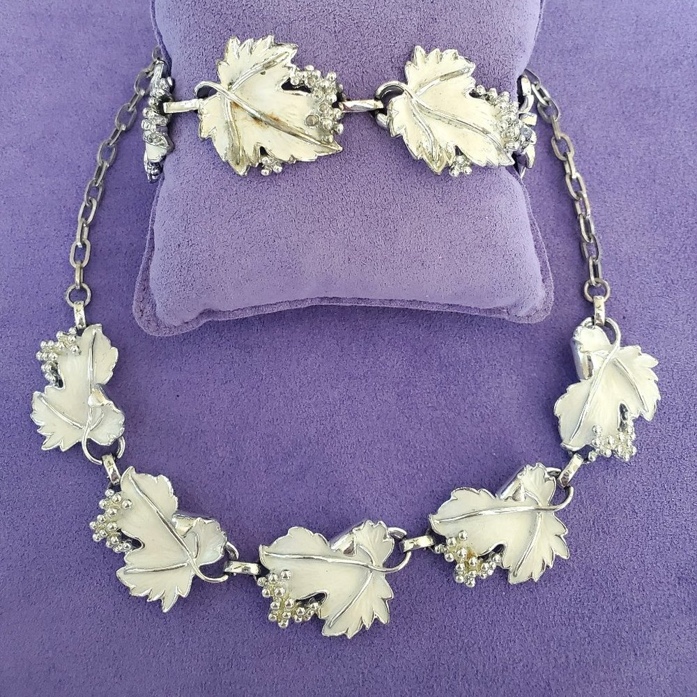 Vintage Whispering Leaves Silver White Leaf Necklace and Bracelet Sarah Coventry